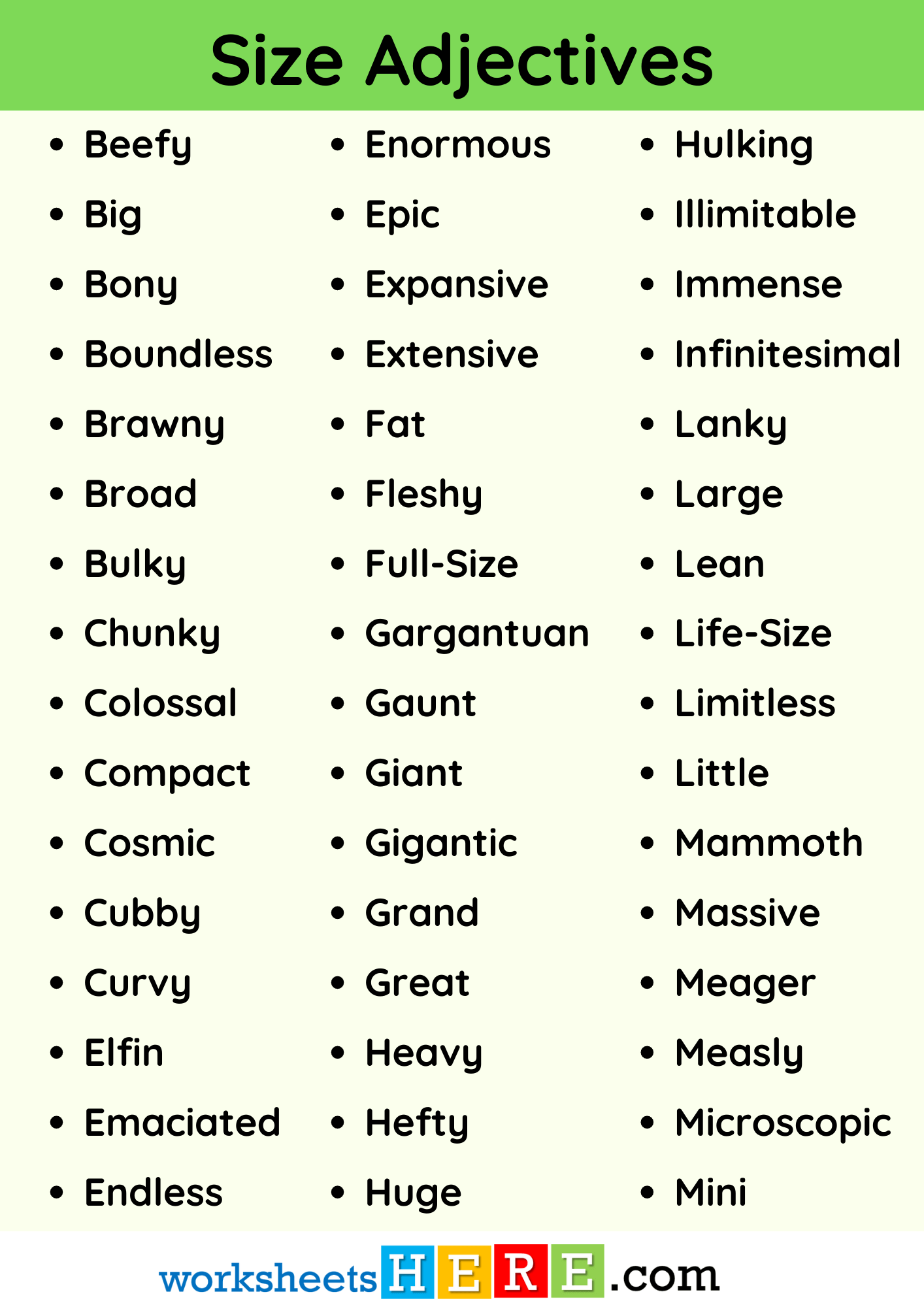 Size Adjectives Vocabulary List PDF Worksheet For Kids and Students