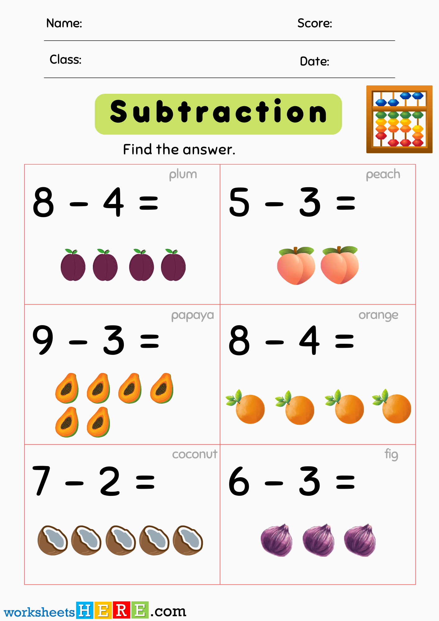 Subtraction Exercises with Fruits Printable PDF Worksheet For Students
