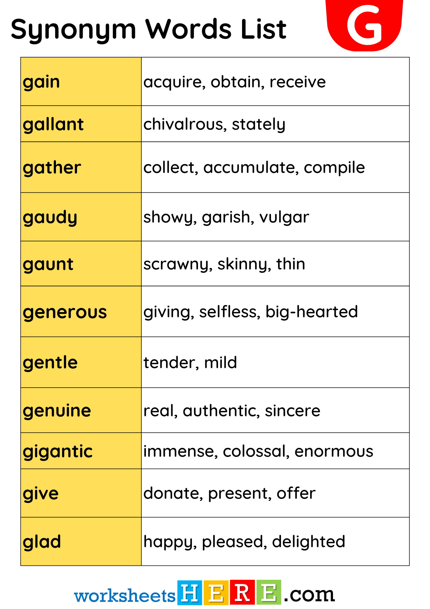 Synonym Words List Start with G Vocabulary PDF Worksheet For Students and Kids