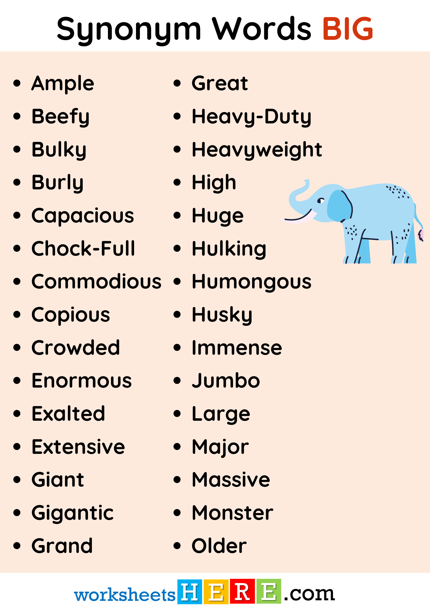 Synonym Words List with BIG in English PDF Worksheet For Students and Kids