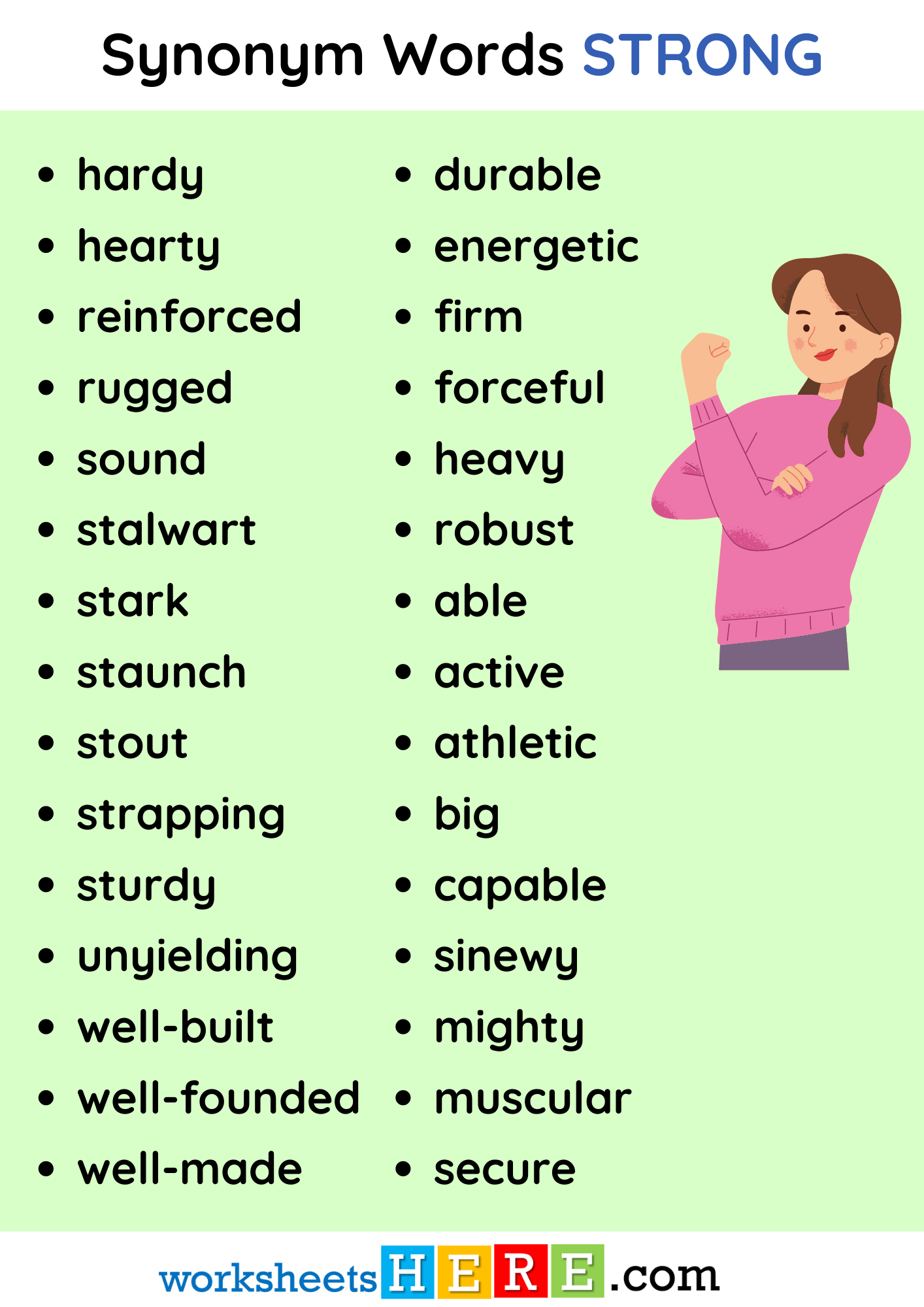 Synonym Words List with STRONG in English PDF Worksheet For Students