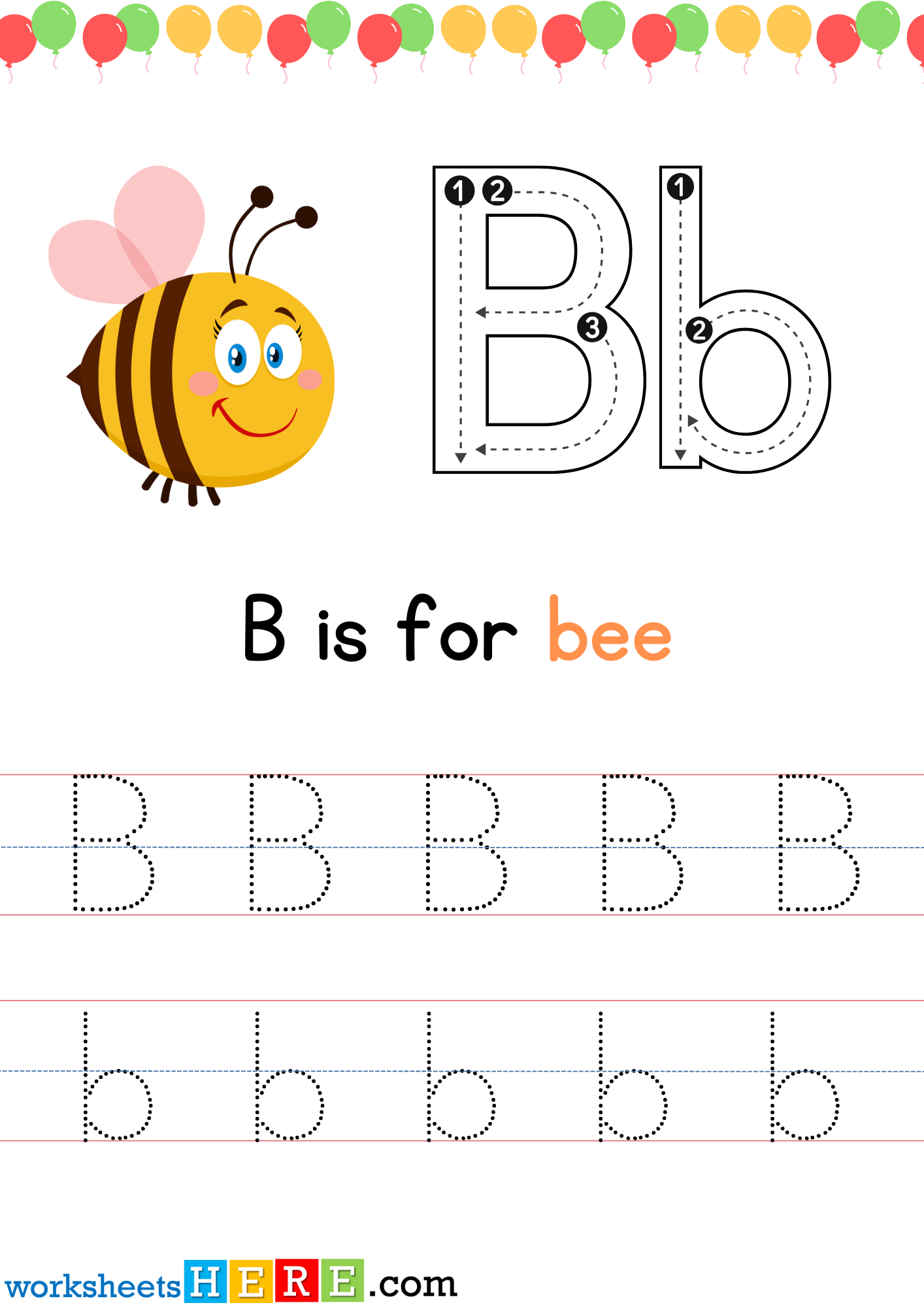 Tracing Letter B Uppercase and Lowercase PDF Worksheet For Kindergarten