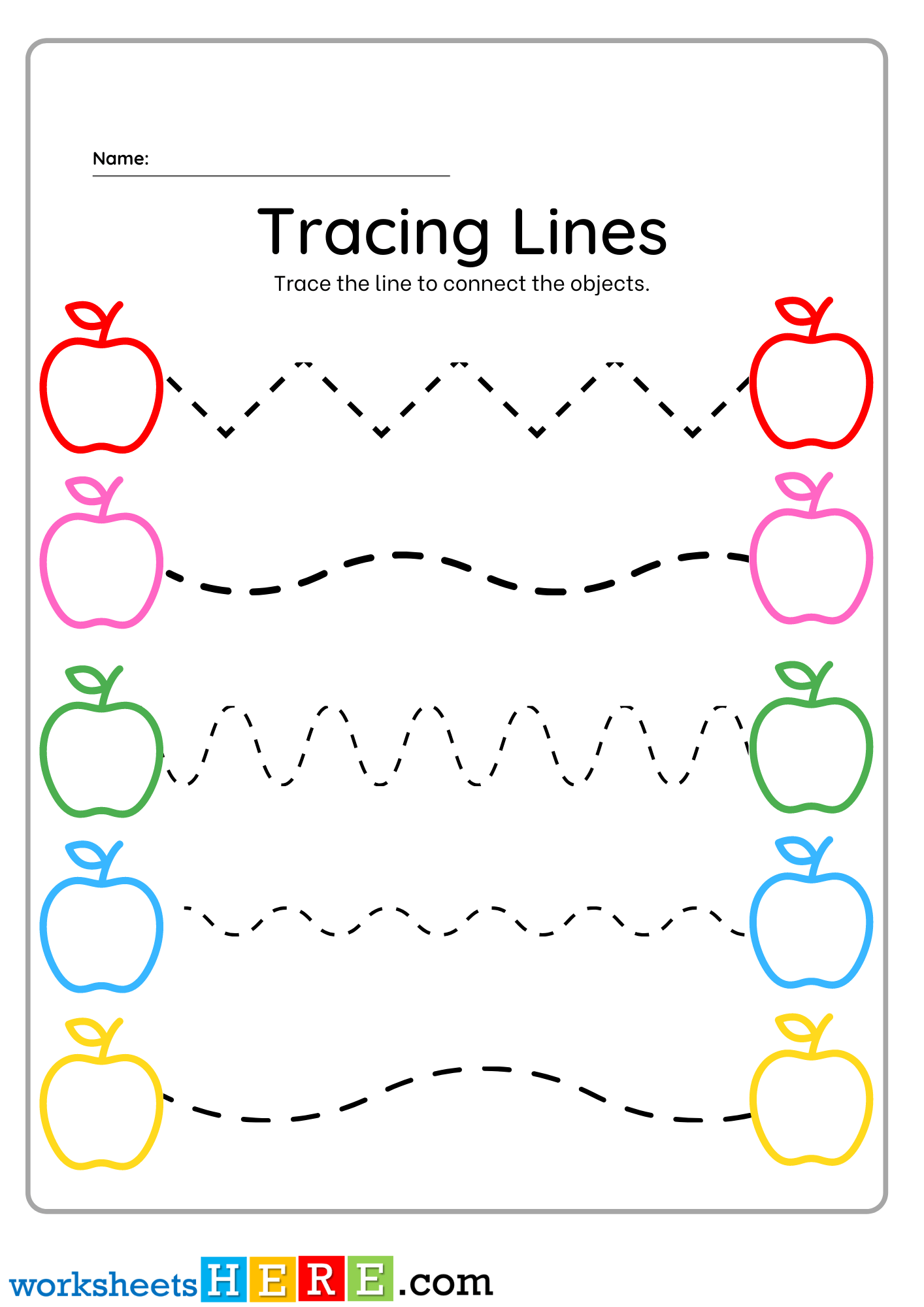 Tracing Lines Worksheet, Trace the Lines with Apples PDF Worksheet For Kindergarten