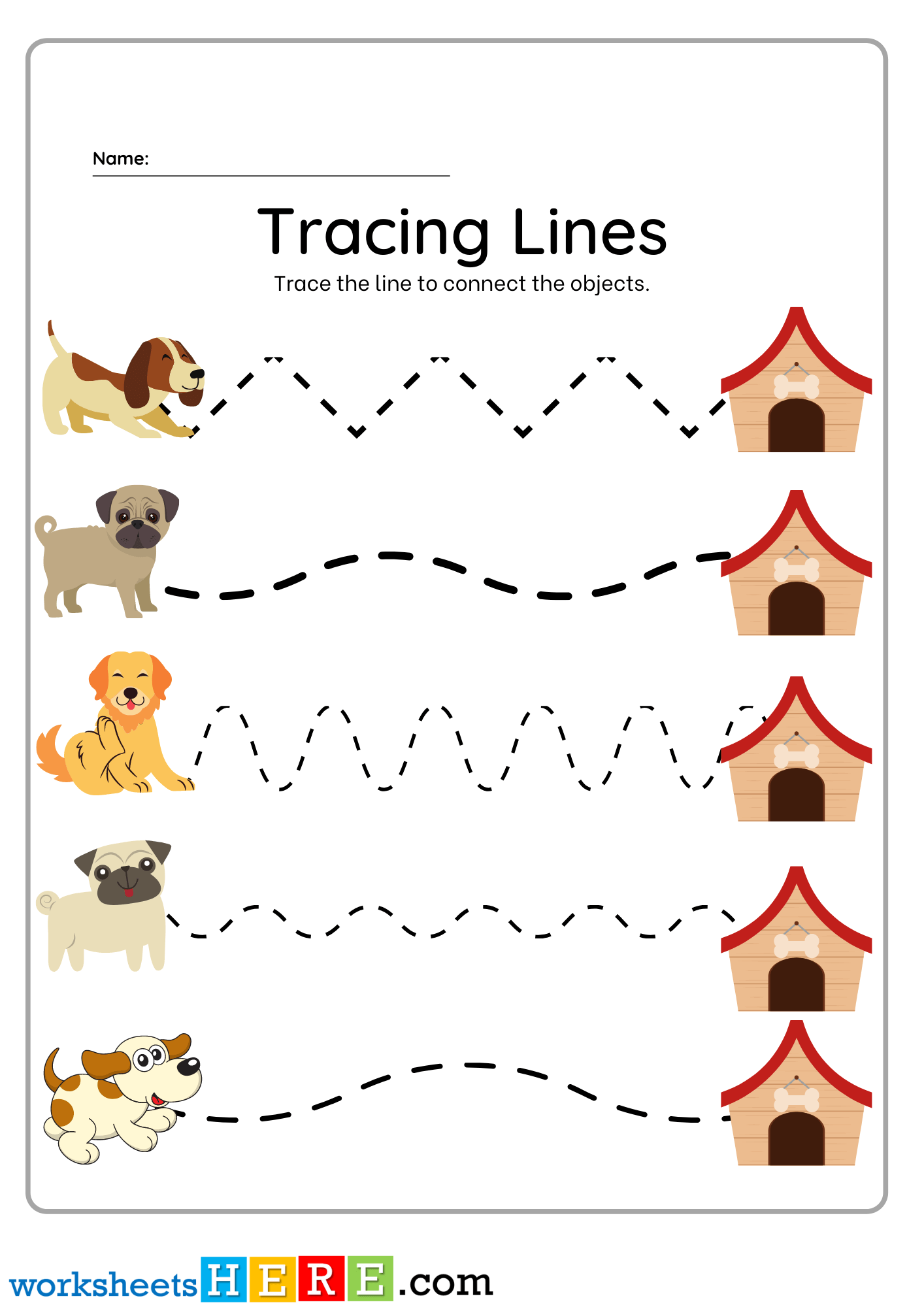 Tracing Lines Worksheet, Trace the Lines with Dogs and Kennel PDF Worksheet For Kids