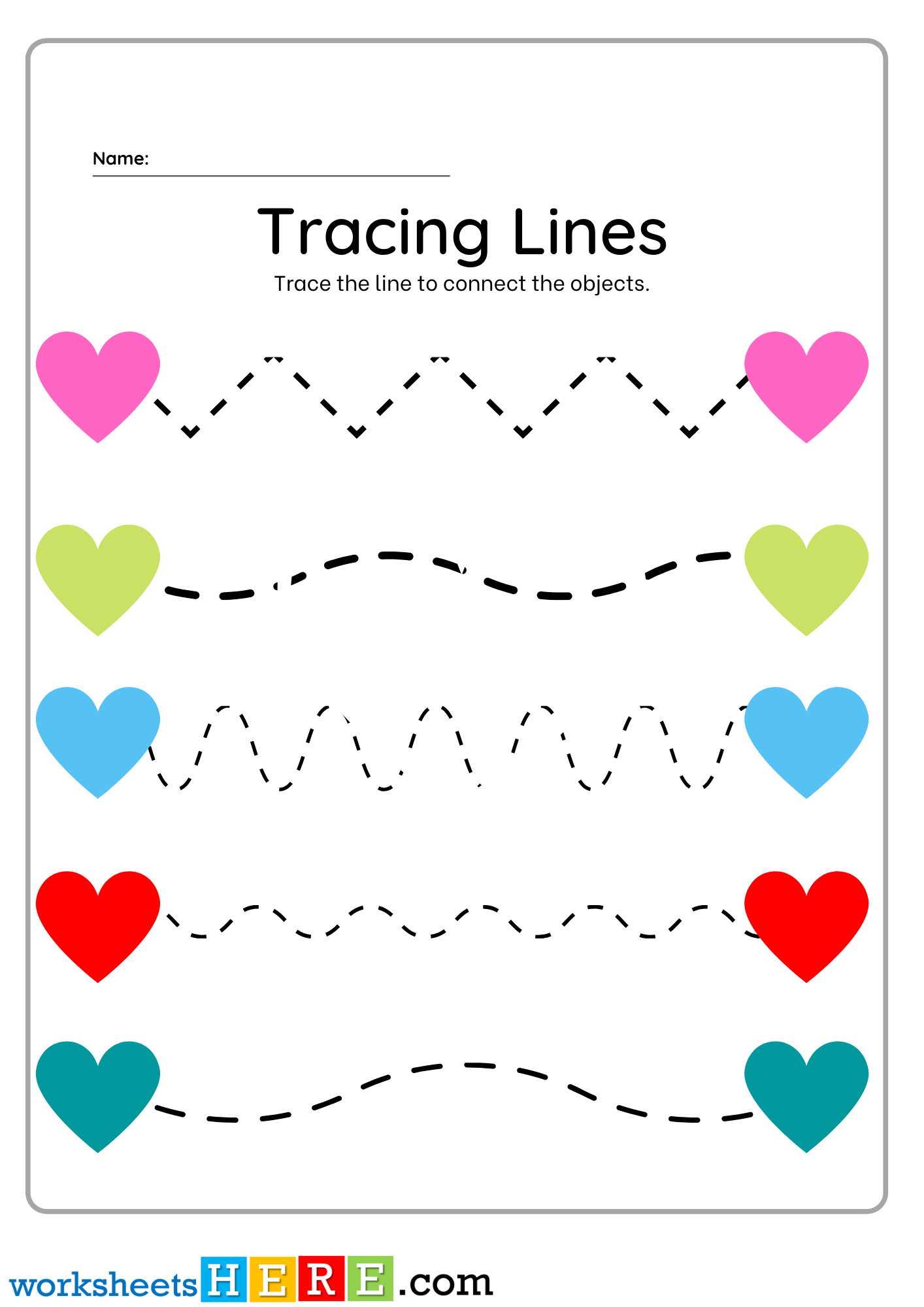 Tracing Lines Worksheet, Trace the Lines with Hearts PDF Worksheet For Kids