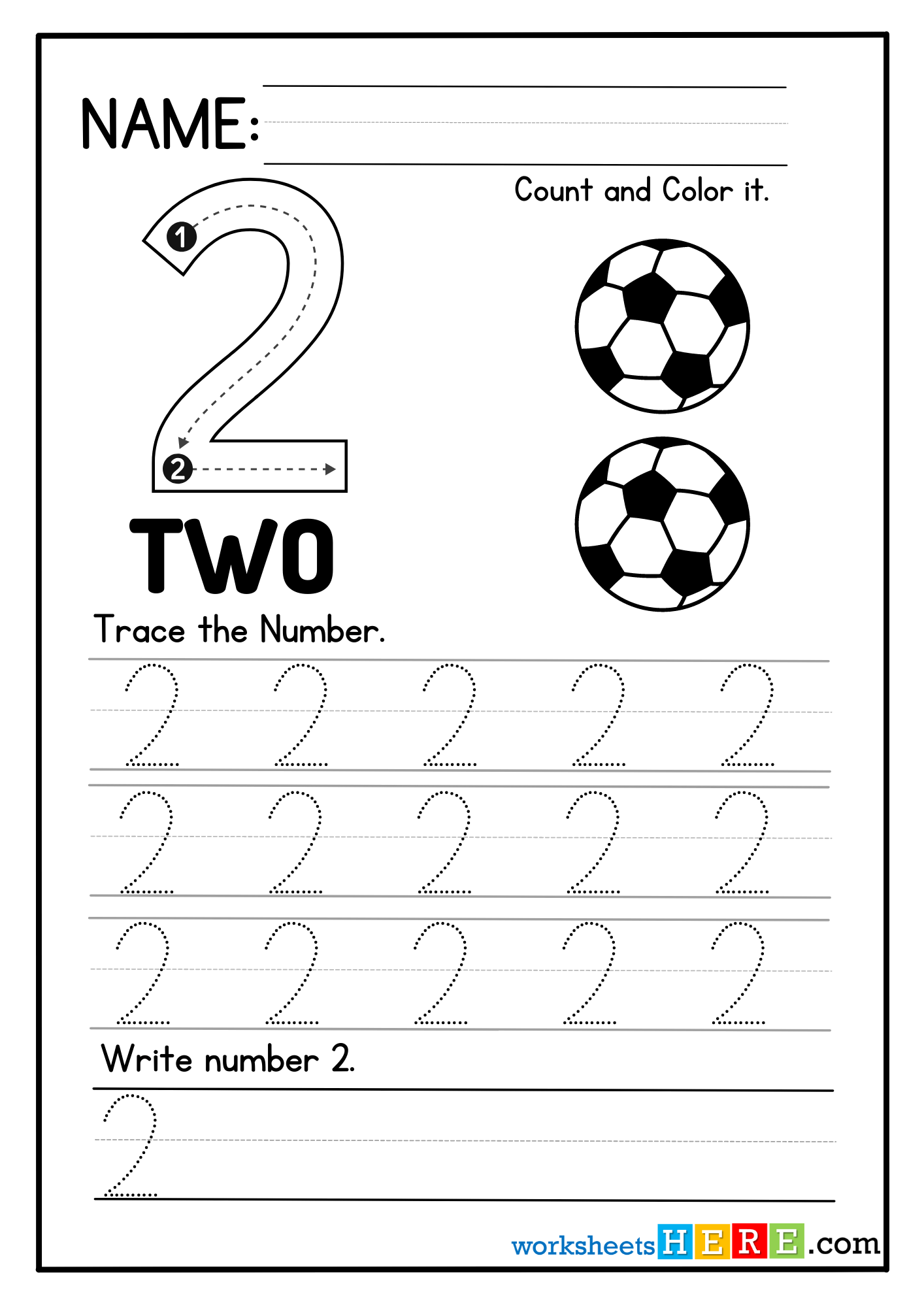 Tracing Numbers Activity, Number 2 Trace, Count and Color PDF Worksheet For Kindergarten