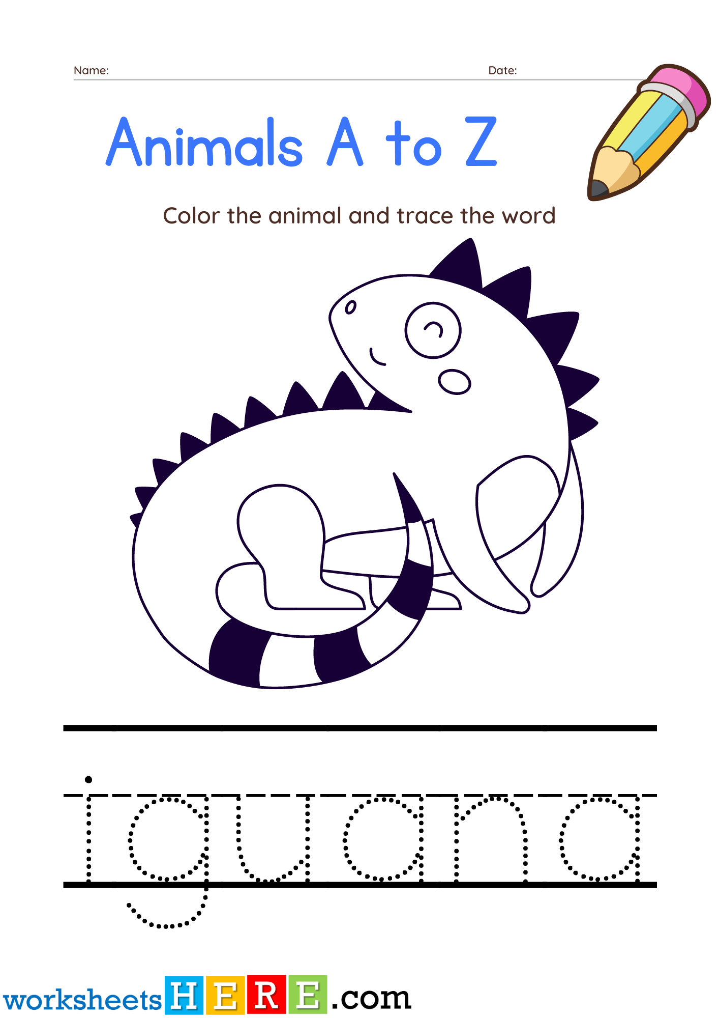 Tracing and Coloring Activity Iguana PDF Worksheet For Kindergarten
