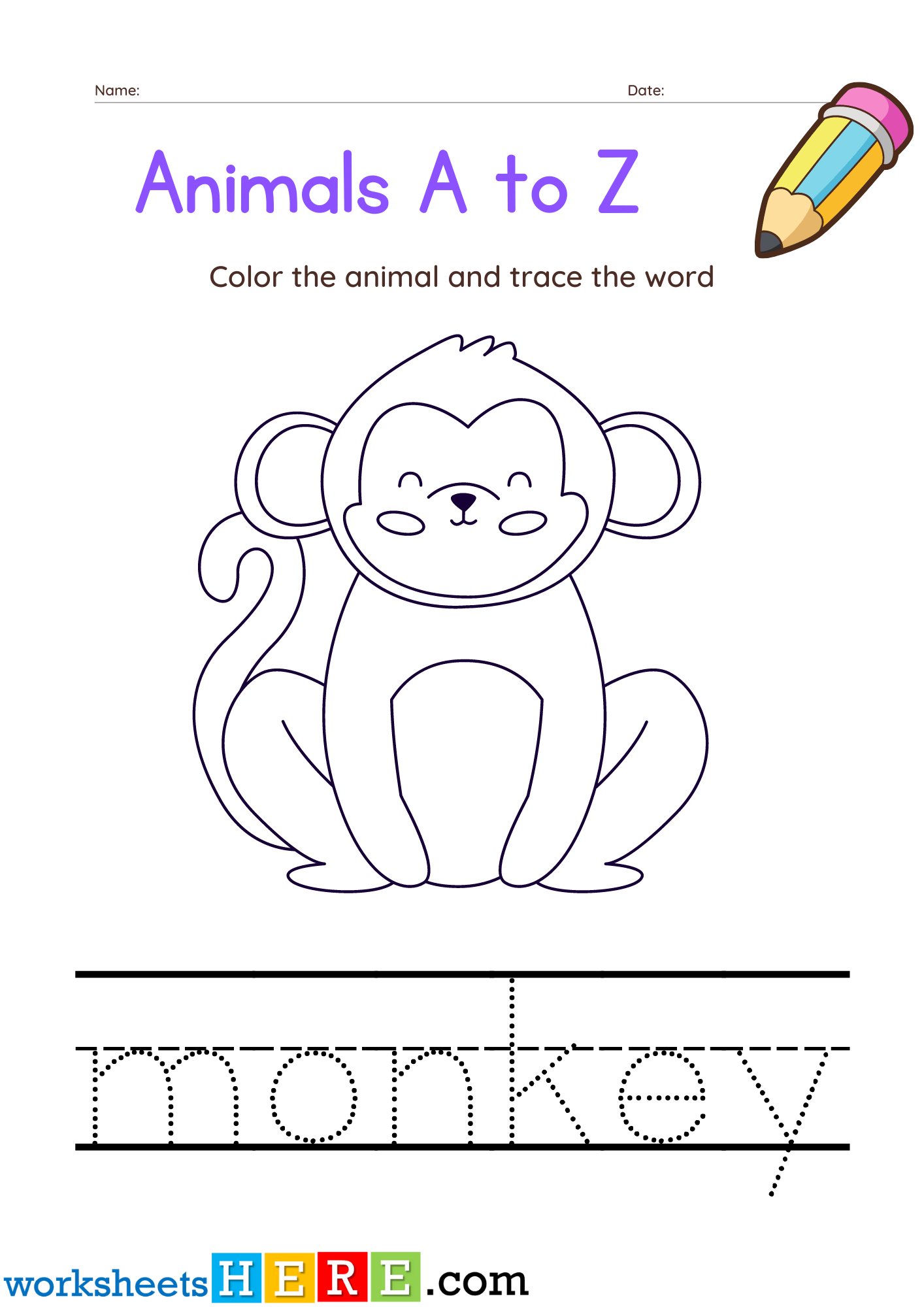 Tracing and Coloring Activity Monkey PDF Worksheet For Kindergarten