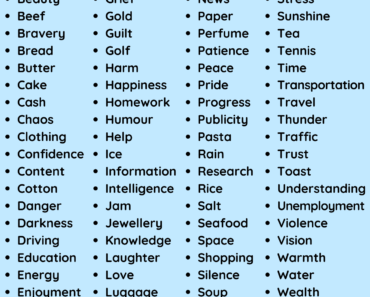 Uncountable Nouns Words List in English PDF Worksheet For Students and Kids