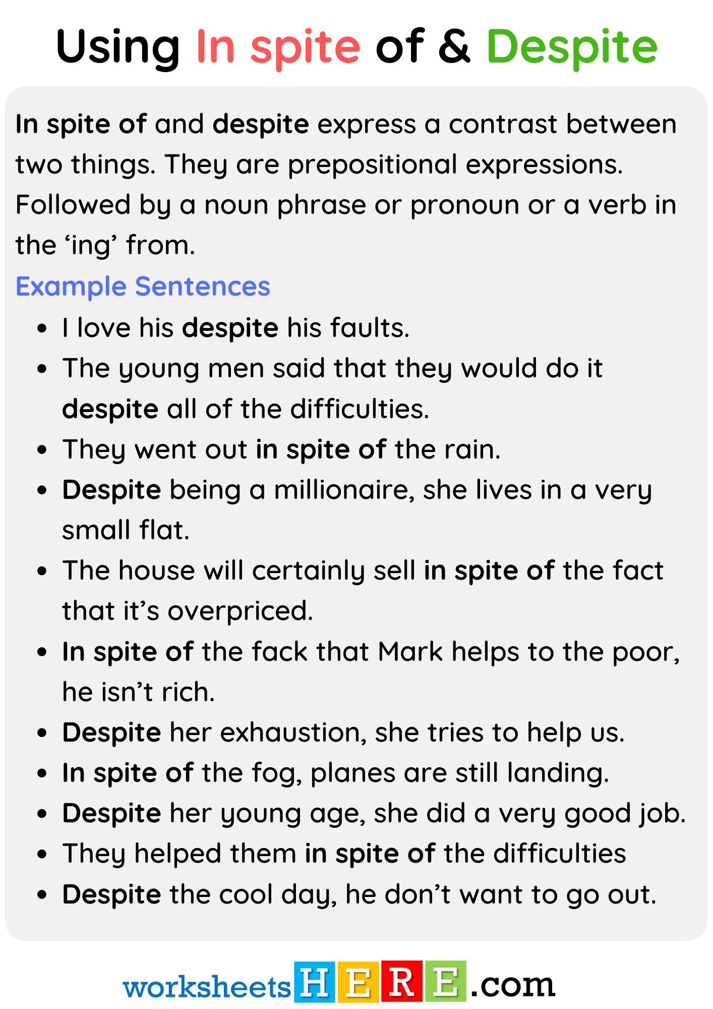 Using In spite of and Despite, Definition and Example Sentences PDF Worksheet