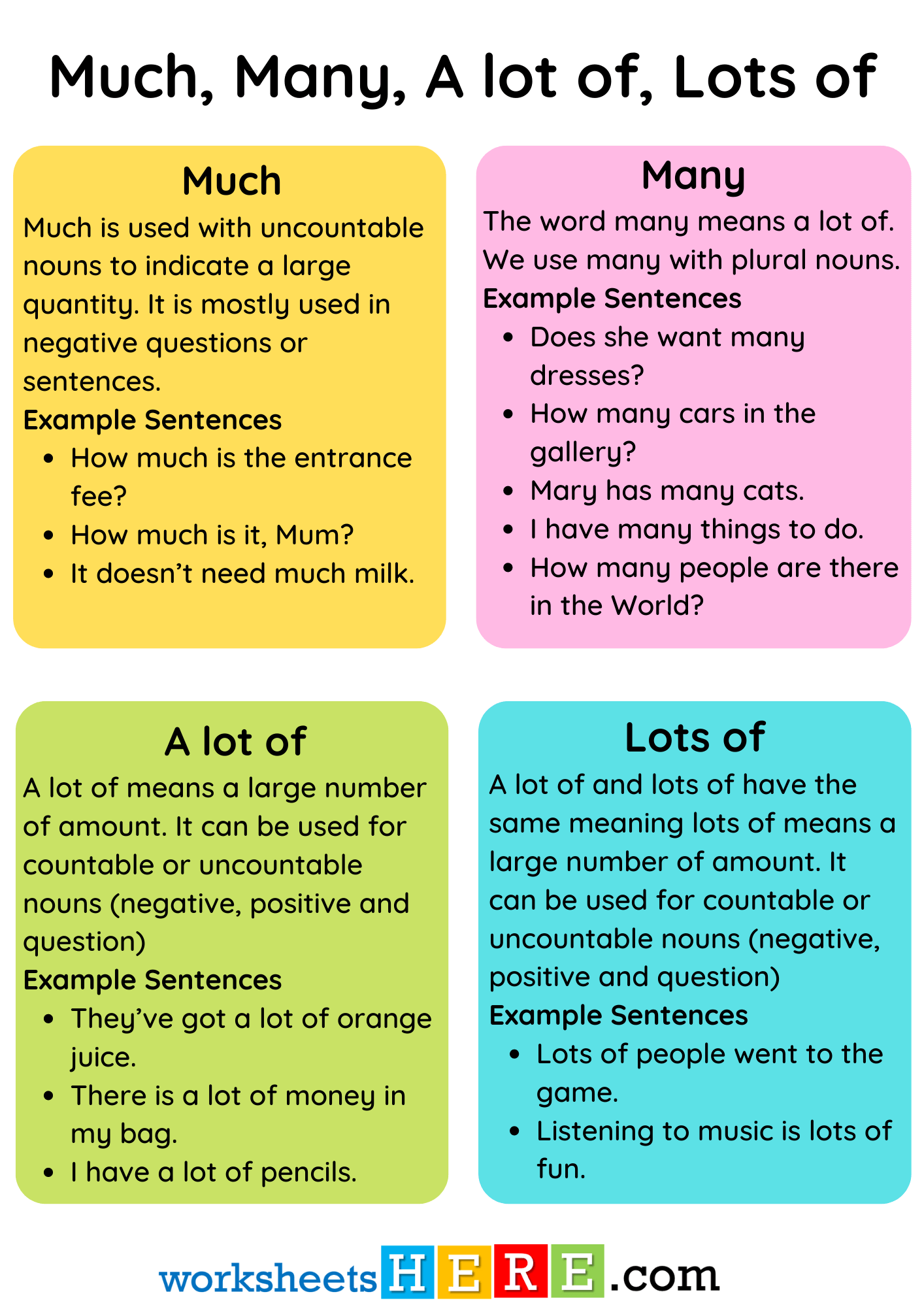 Using Much, Many, A lot of, Lots of, Definition and Example Sentences PDF Worksheet