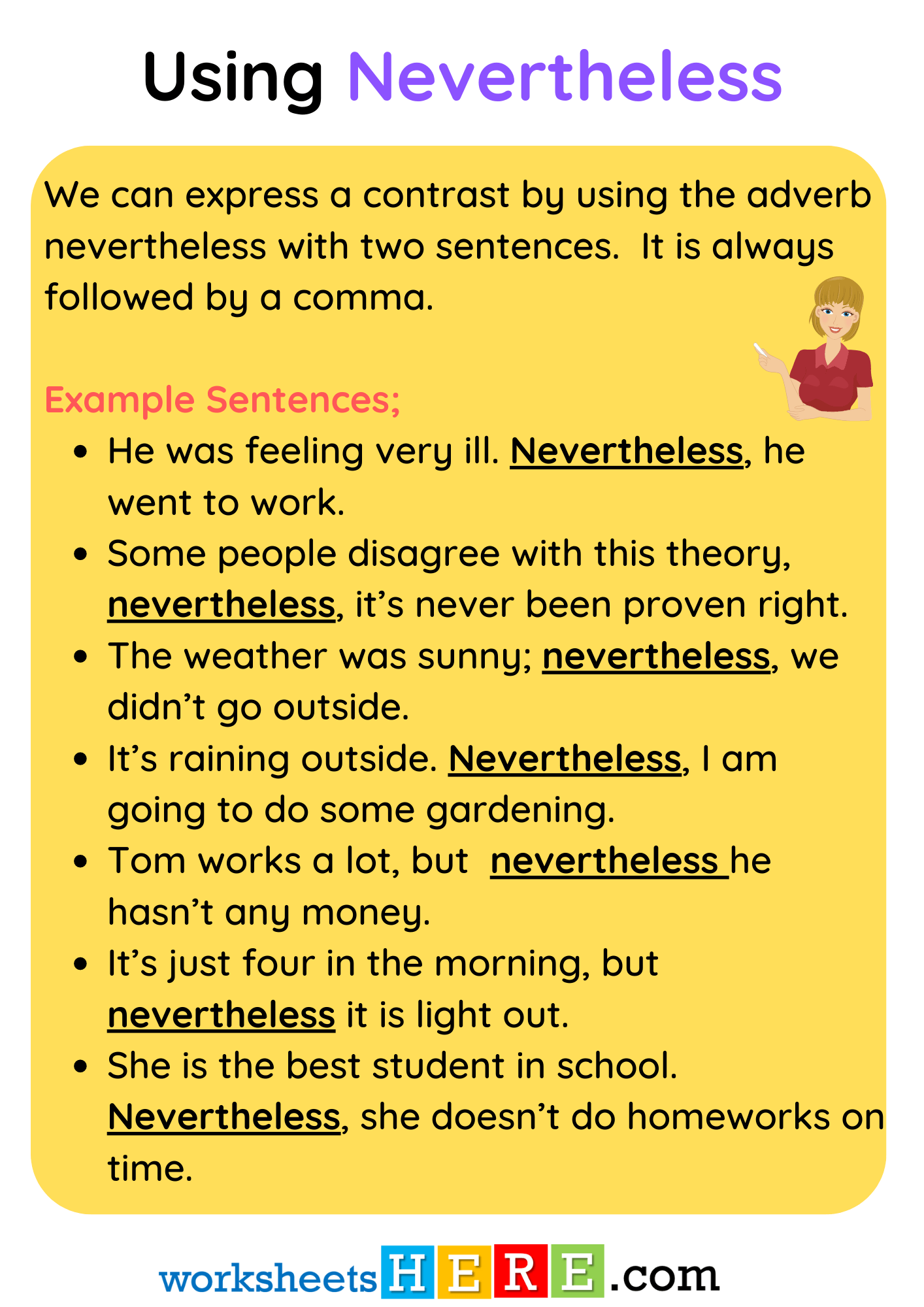 Using Nevertheless, Definition and Example Sentences PDF Worksheet For Students