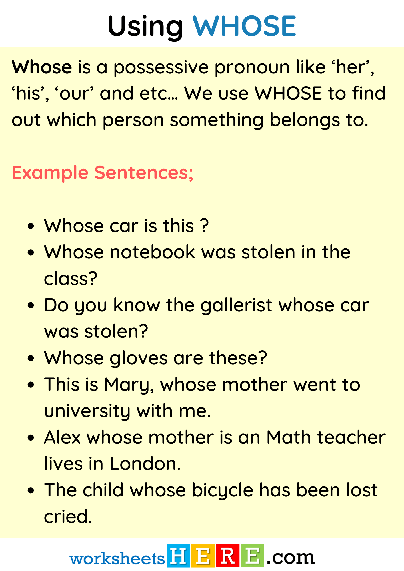 Using WHOSE, Definition and Example Sentences PDF Worksheet For Students