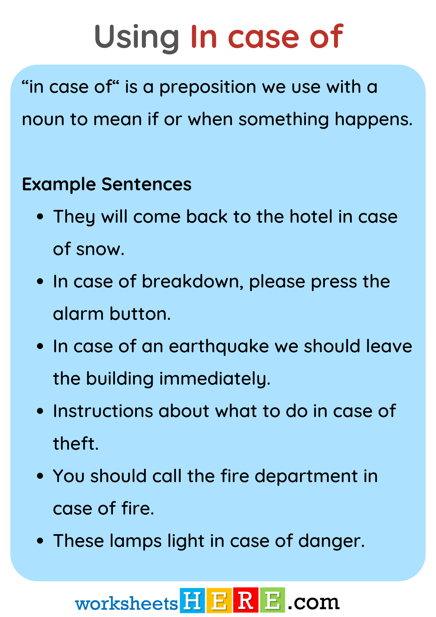 Using in case of, Definition and Example Sentences PDF Worksheet For Students