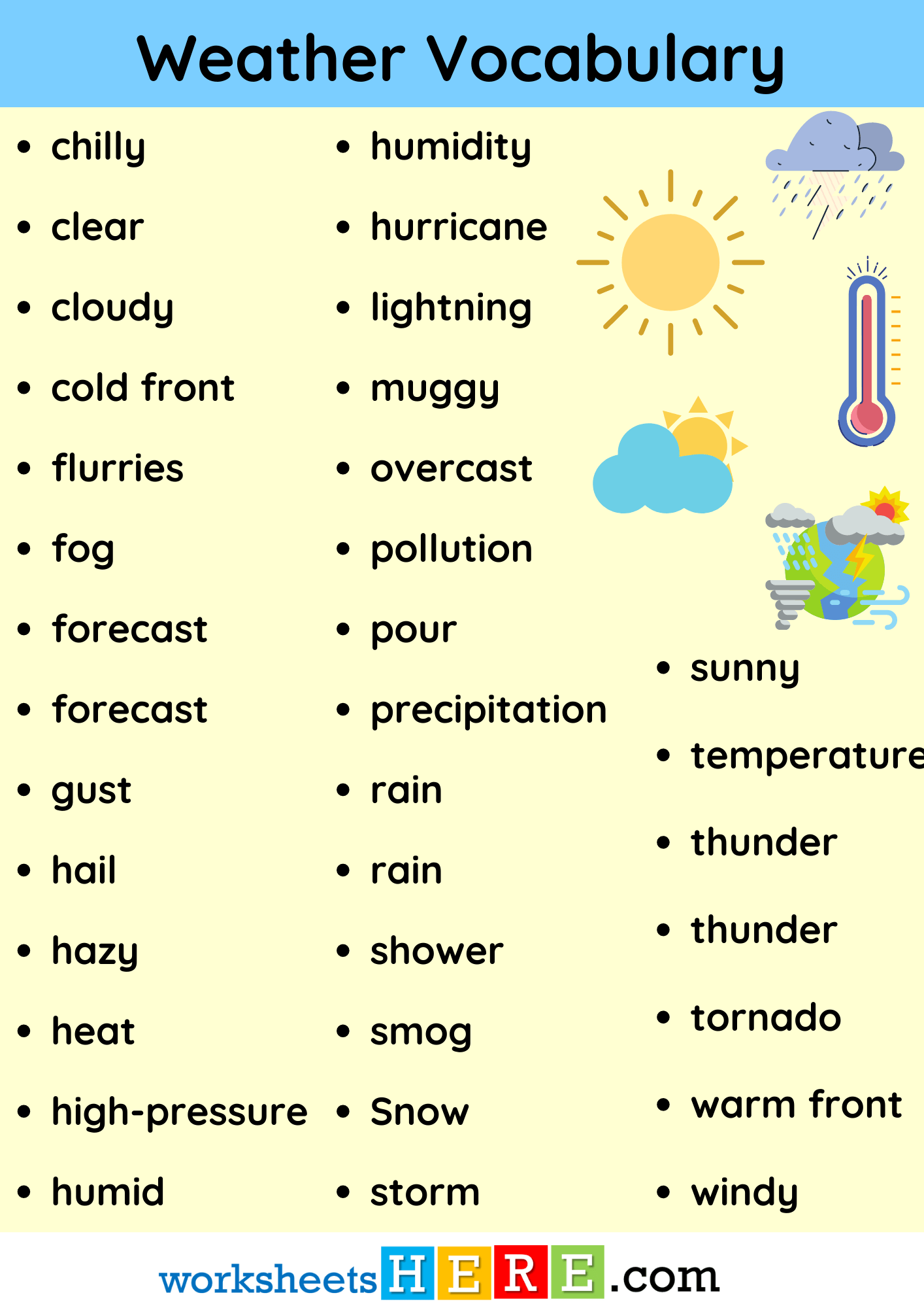 Weather Vocabulary List PDF Worksheet For Students and Kids