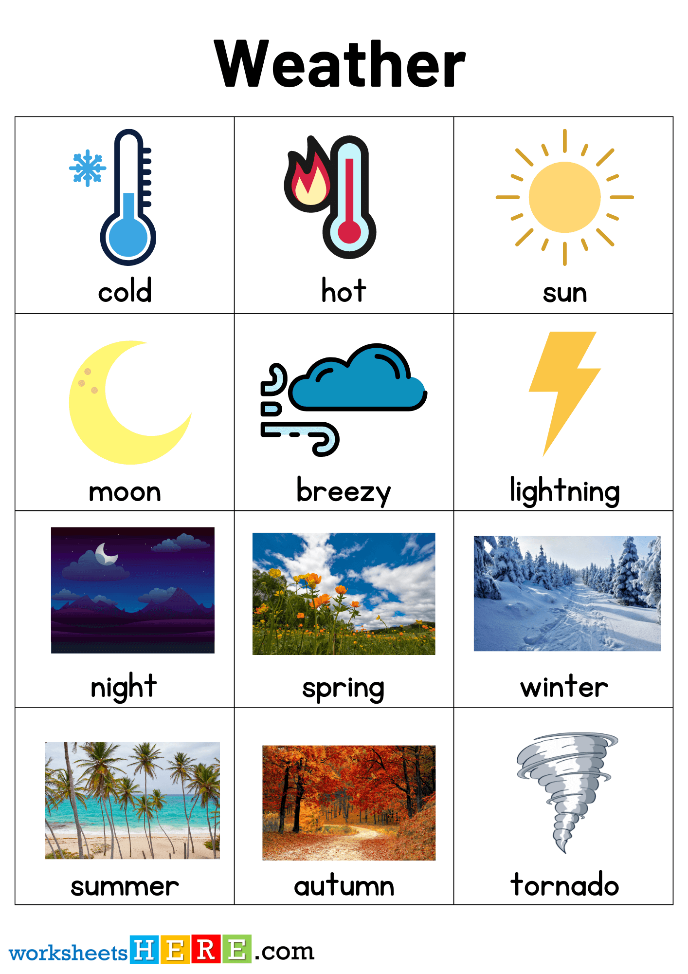 Weather related Words with Pictures, Weather Flashcards PDF Worksheets For Kindergarten