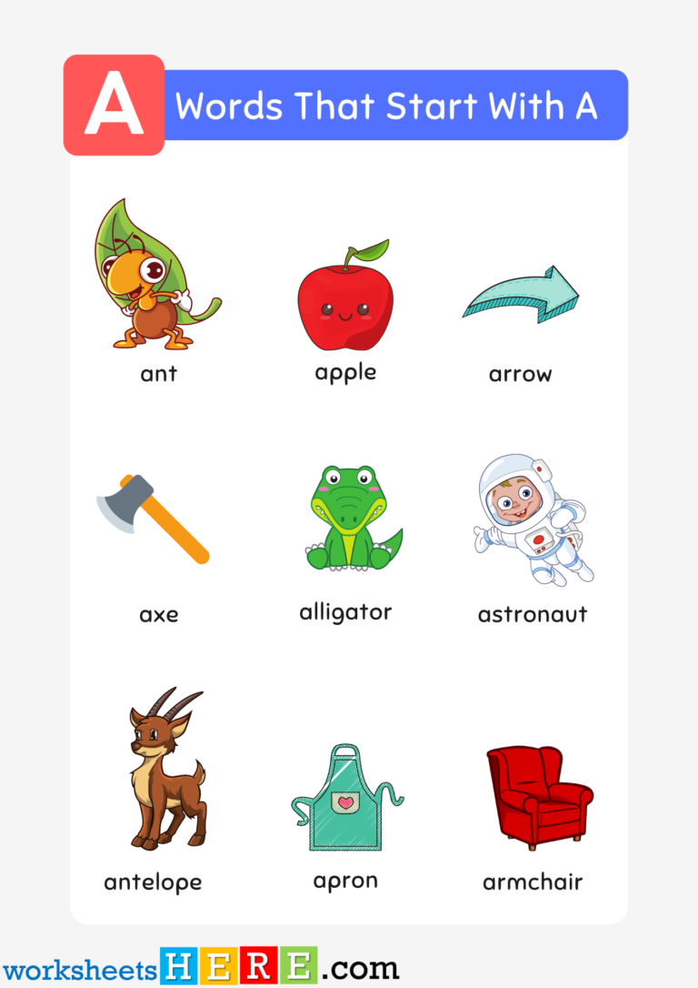 Words That Start With A List and Pictures For Kids Printable PDF ...