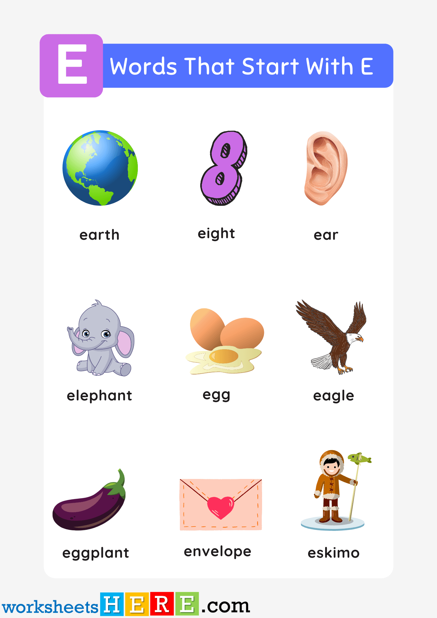 Words That Start With E List and Pictures For Kids Printable PDF Worksheet