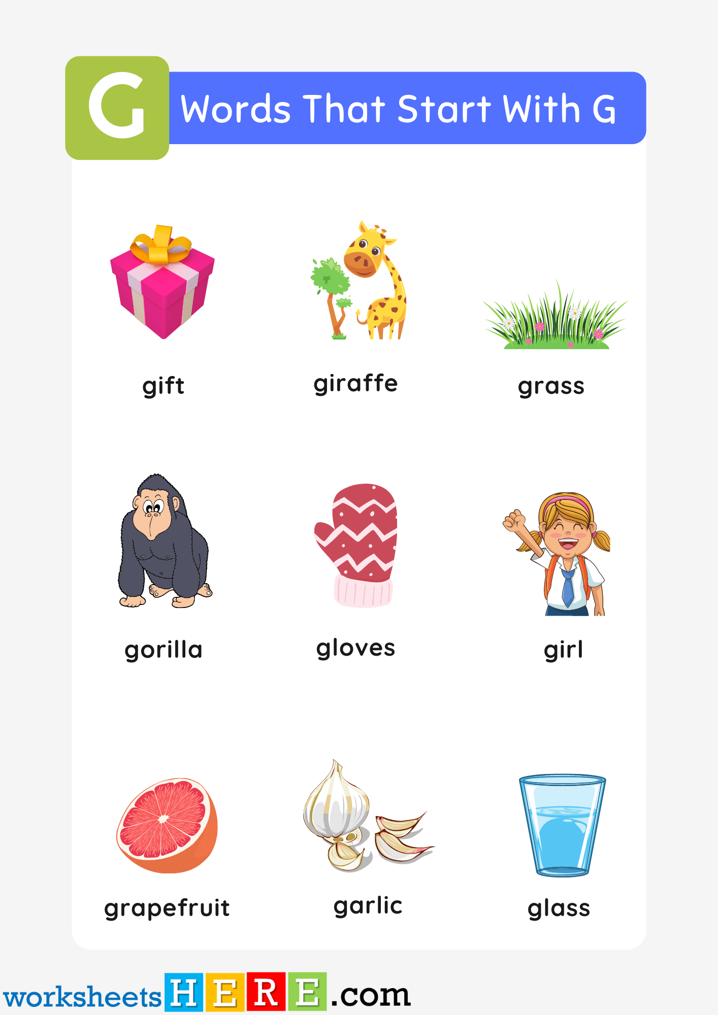 Words That Start With G List and Pictures For Kids Printable PDF Worksheet
