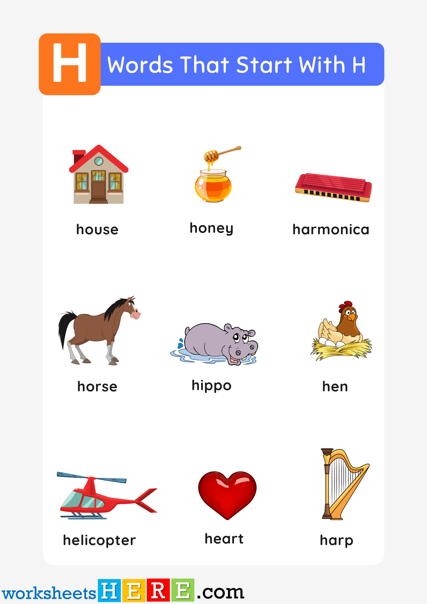 Words That Start With H List and Pictures For Kids Printable PDF Worksheet