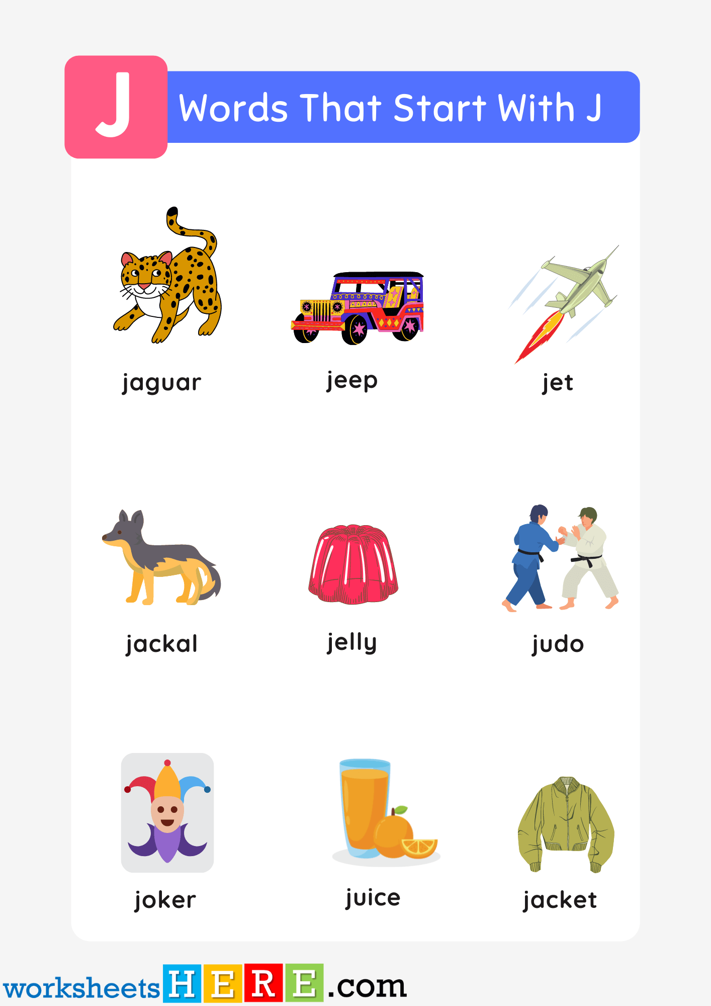 Words That Start With J List and Pictures For Kids Printable PDF Worksheet