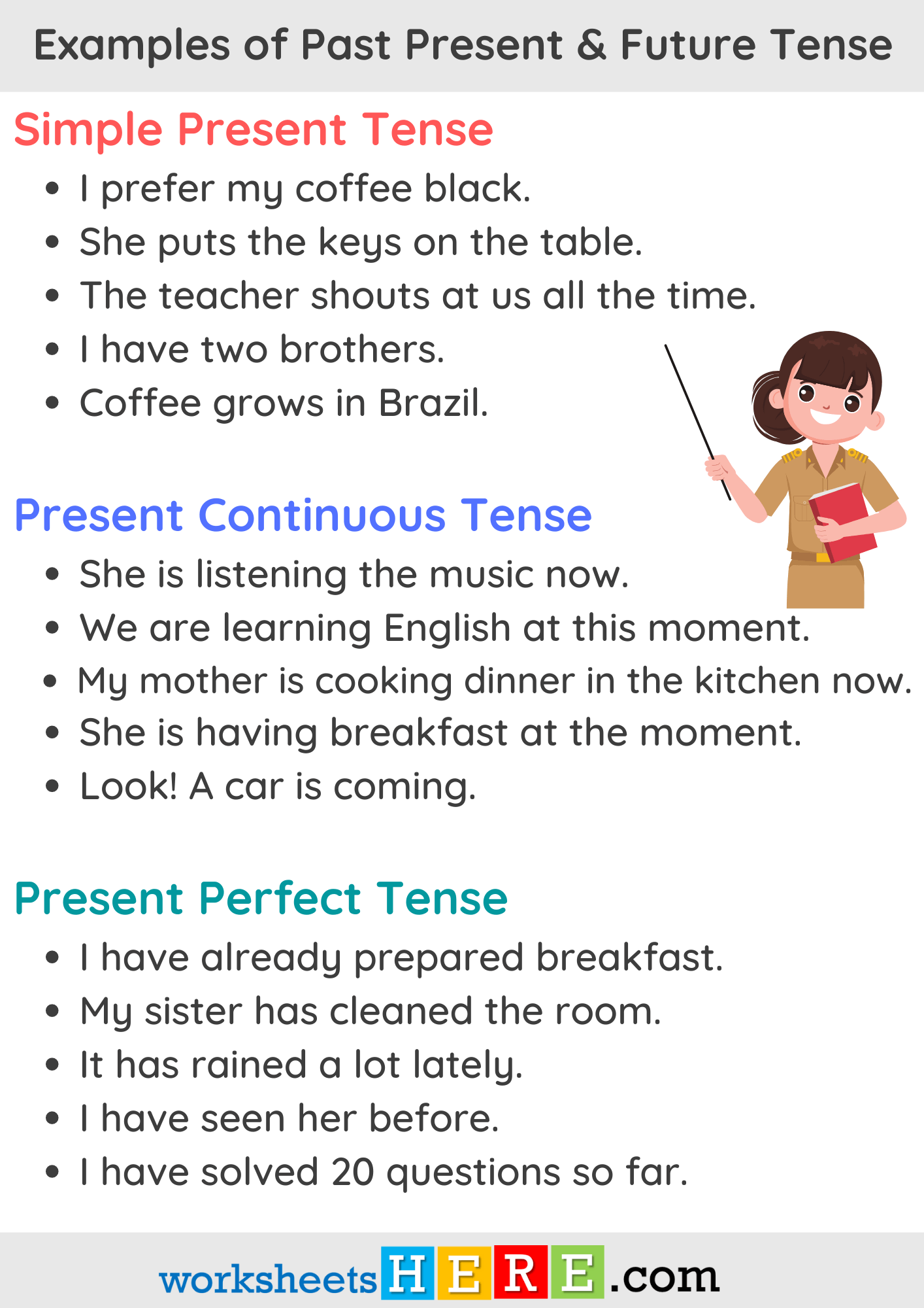 15 Present Past Future Tense Sentences Examples PDF Worksheet For Students