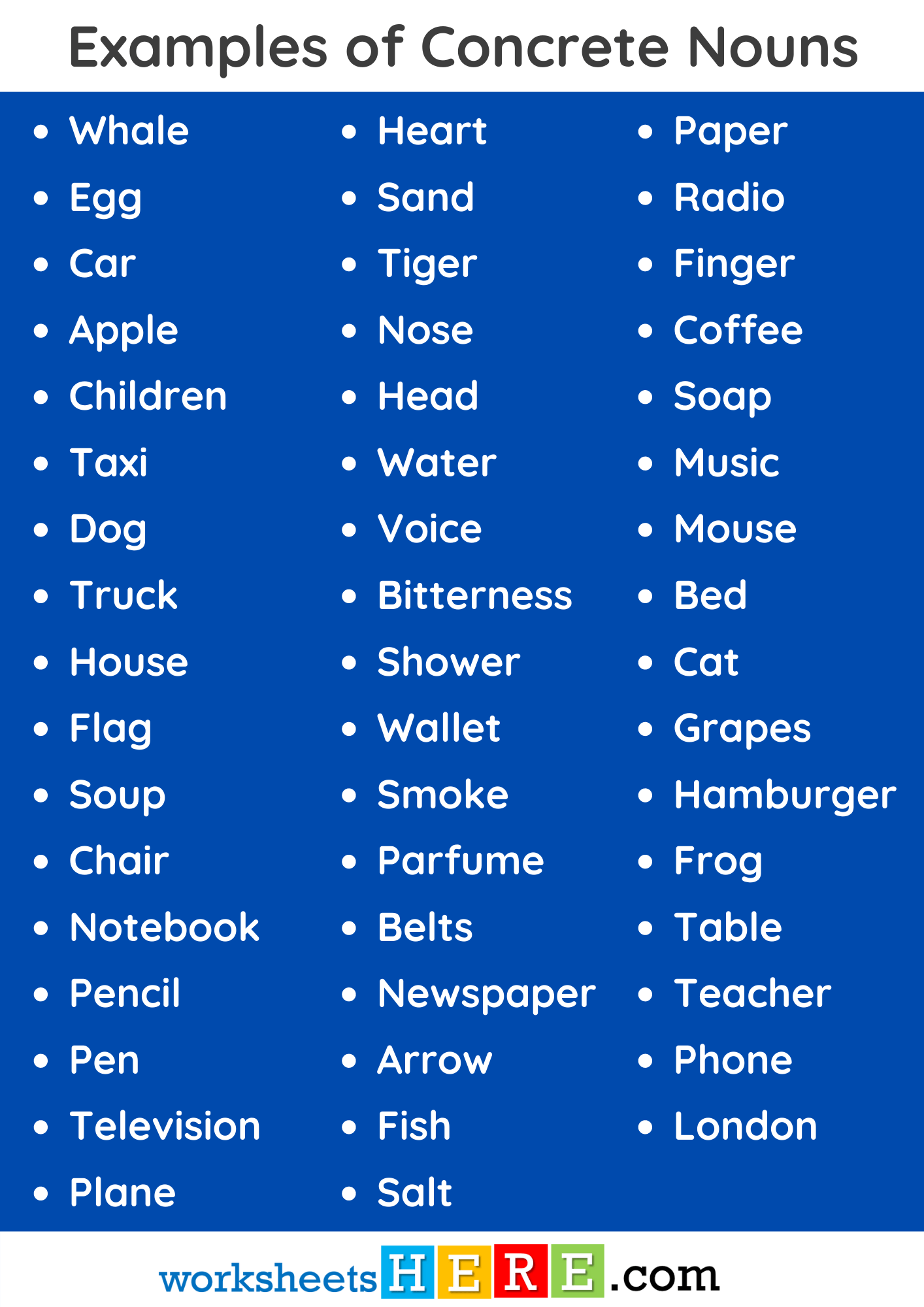 50 Examples of Concrete Nouns Words List PDF Worksheet For Students