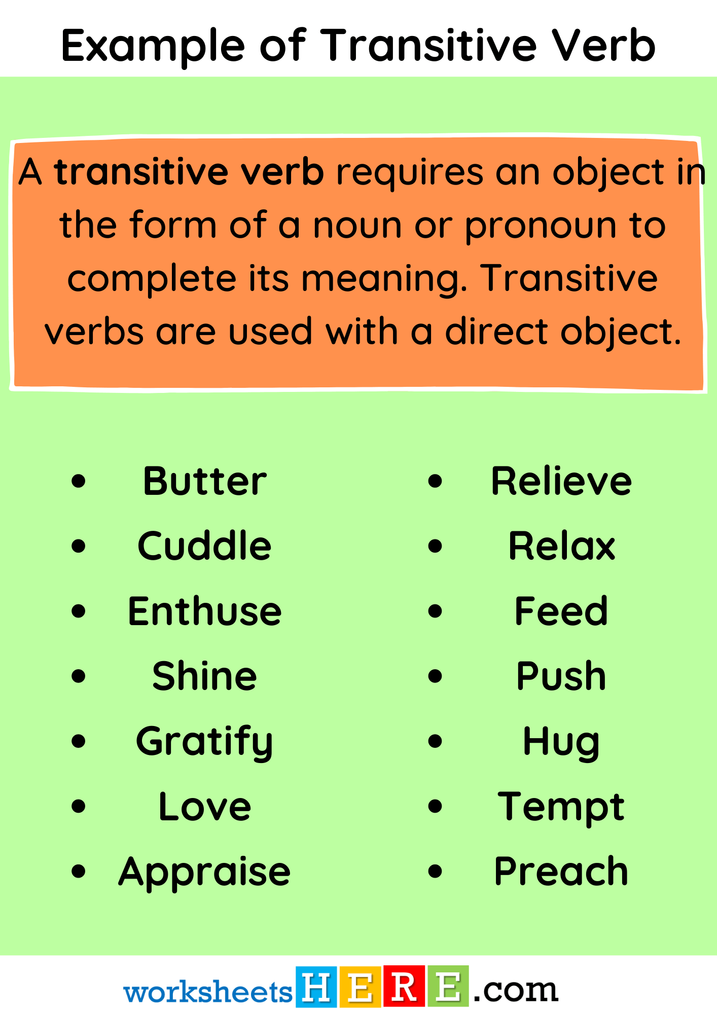 Example of Transitive Verb and Definition PDF Worksheet For Students