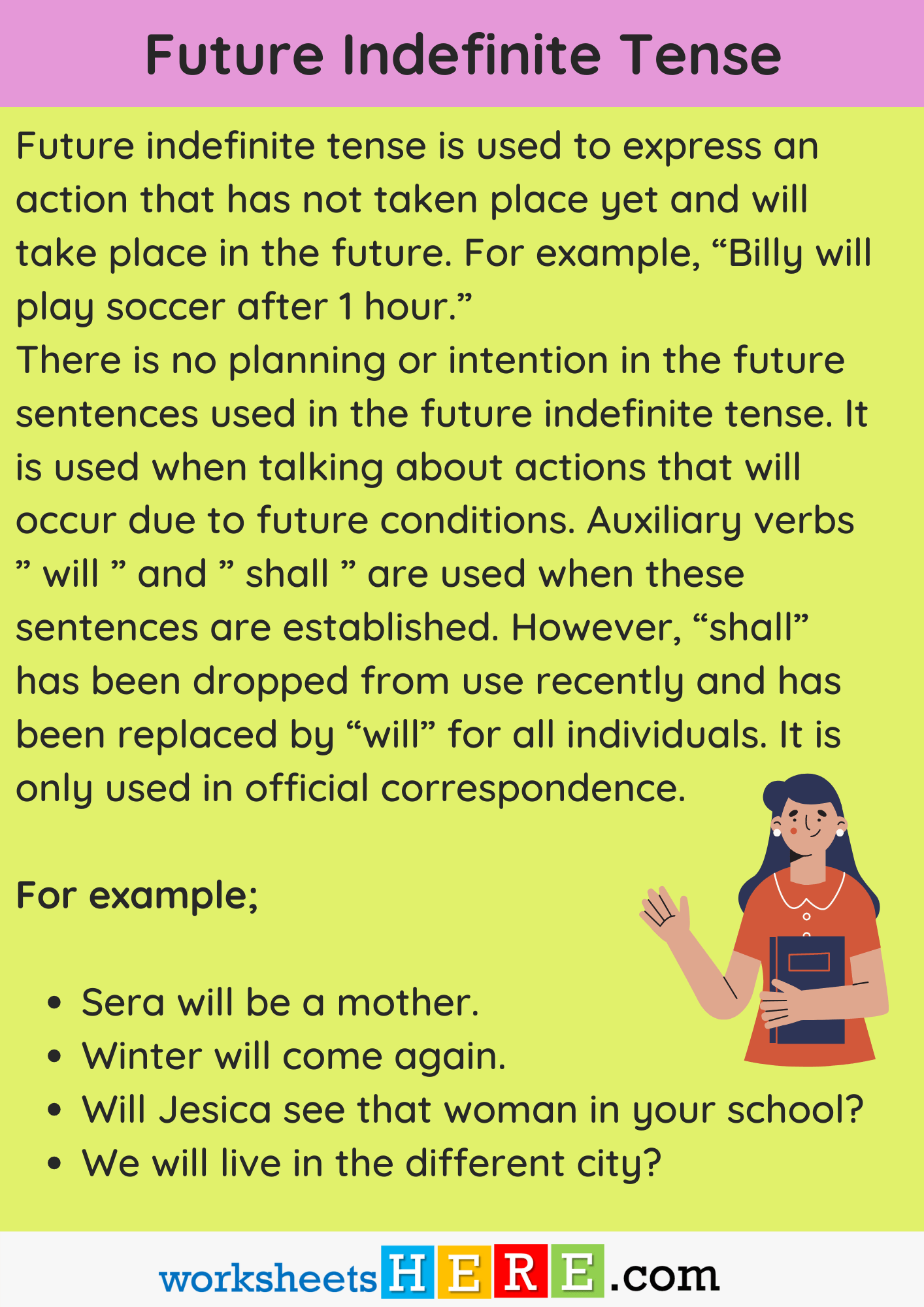 Future Indefinite Tense Definition and Example Sentences PDF Worksheet