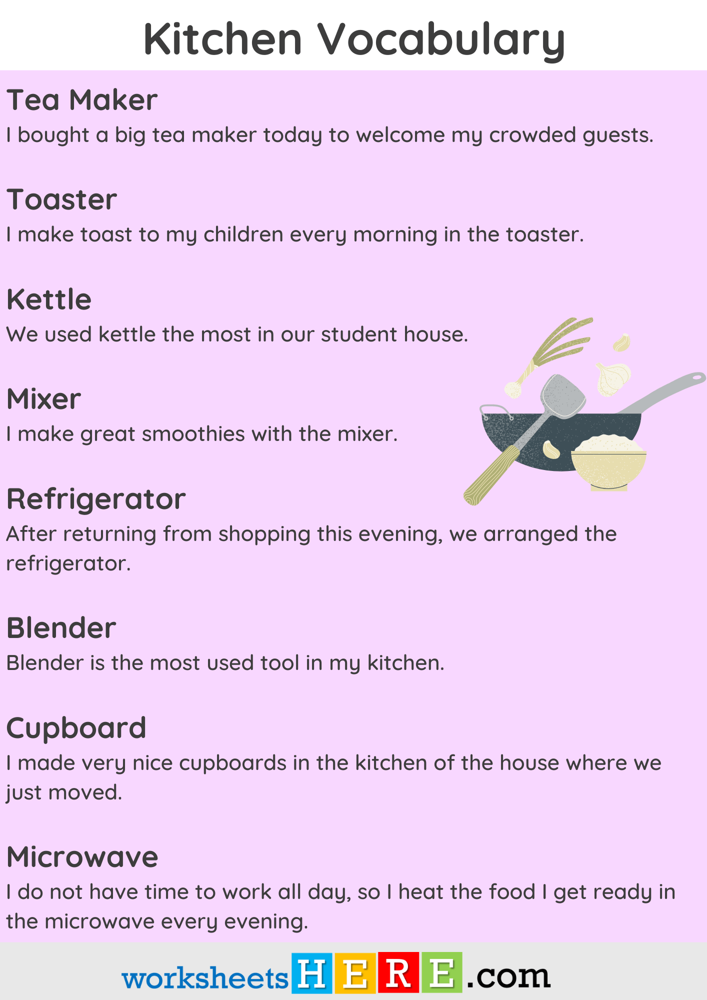Kitchen Vocabulary and Example Sentences PDF Worksheet For Students