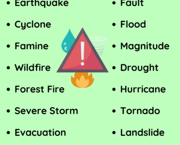 Natural Disasters Names List in English PDF Worksheet For Kids and Students