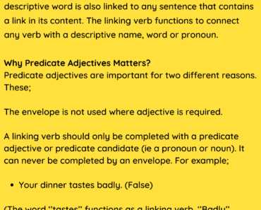 Predicate Adjectives, Definition and Example Sentences PDF Worksheet For Students
